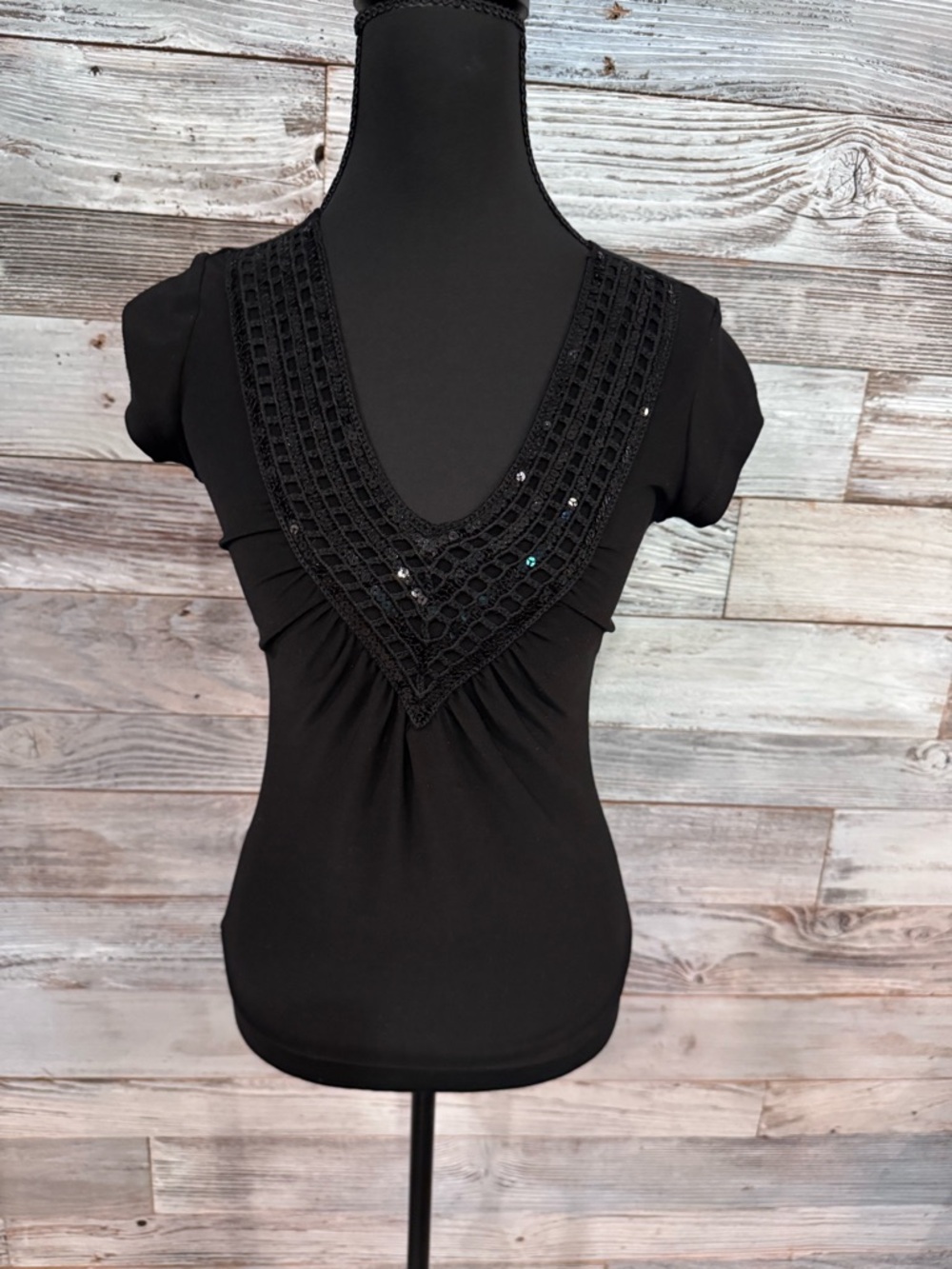 Sequin Trimmed Black V-Neck Short Sleeve Blouse
